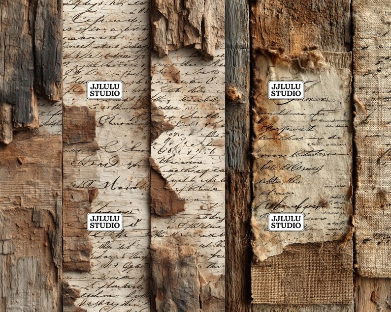 Vintage Rustic Wood Collage Handwriting Junk Journal Pages, Distressed ...
