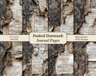 Aged Damask Junk Journal Paper, Printable Scrapbook Vintage Textile Nostalgic Wallpaper Digital Backgrounds, Dark Gothic Ornate Ephemera Art