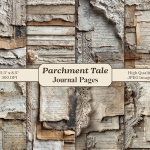 Puede incluir: Un collage de páginas de diario vintage con bordes rasgados, escritura a mano y detalles de encaje. Las páginas son en tonos beige, marrón y crema. Se muestra el texto "Parchment Tale Journal Pages", con dimensiones de 14 x 22 cm.