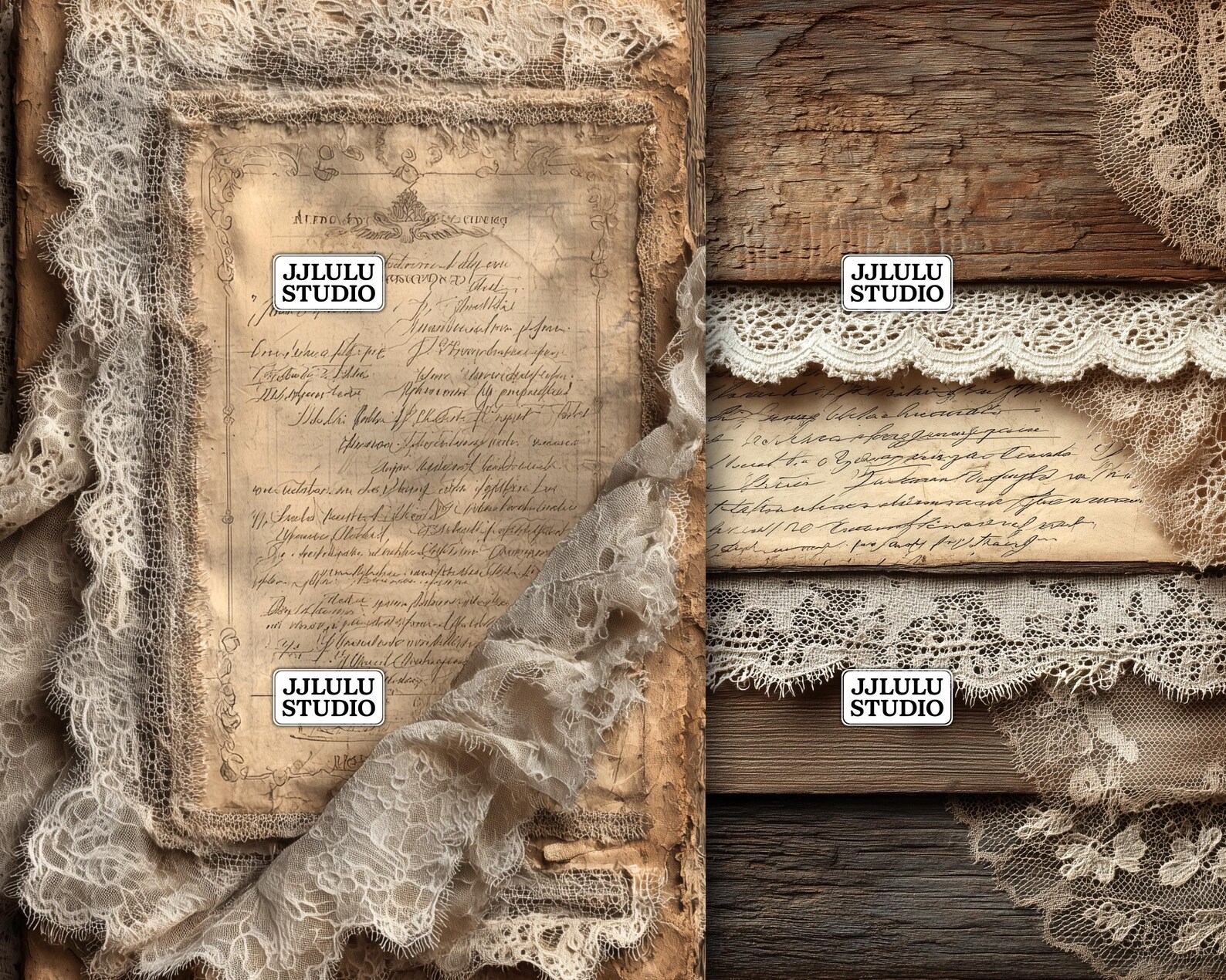 Vintage Wood Lace Junk Journal Pages, Rustic Aged Distressed Grungy ...
