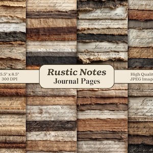 May include: A collage of rustic journal pages with torn edges and handwritten script. The pages are in shades of brown, beige, and black, with a mix of textures. The text "Rustic Notes Journal Pages" is displayed.