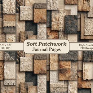 Puede incluir: Un collage de páginas de diario de patchwork en tonos marrones, beige y grises, con detalles de encaje y tela. El texto dice "Soft Patchwork Journal Pages" y las dimensiones son 14 x 22 cm. Imágenes JPEG de alta calidad.