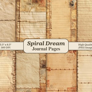 May include: A collection of vintage-style journal pages with a cream and brown color scheme. The pages are lined and feature aged paper textures, stitched binding, and decorative elements. The text "Spiral Dream Journal Pages" is displayed.