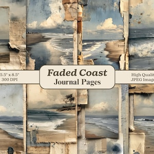 May include: A collection of journal pages featuring faded coastal landscape paintings. The images depict beaches, ocean waves, and cloudy skies in muted tones. The text "Faded Coast Journal Pages" is visible.