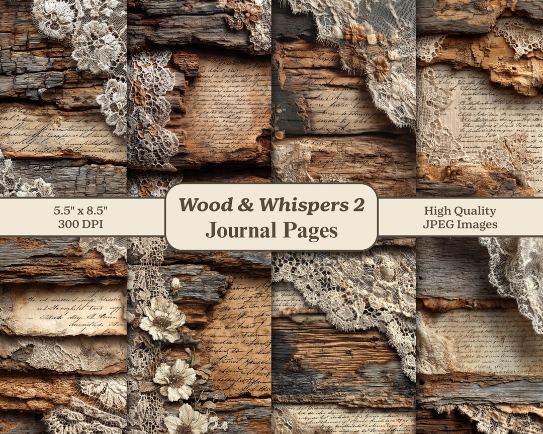 Vintage Rustic Wood Lace Linen Junk Journal Pages, Aged Distressed ...
