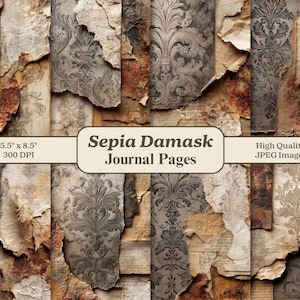 Może przedstawiać: Kolaż stron dziennika w odcieniach sepii z wzorem damasceńskim. Strony są podarte i warstwowe, z widocznym tekstem i postarzanymi krawędziami. Obraz zawiera tekst "Sepia Damask Journal Pages" oraz "5.5" x 8.5"" i "300 DPI".