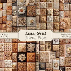 Puede incluir: Un collage de páginas de diario con un diseño de rejilla de encaje. Las páginas son una mezcla de beige, crema y marrón, con varios patrones de encaje y adornos florales. Se muestra el texto "Lace Grid Journal Pages".