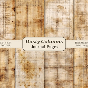 以下が含まれることがあります： ヴィンテージスタイルのジャーナルページコレクション。使い古された、古びた外観です。ページはベージュと茶色の配色で、グリッドとラインのパターンがあります。「Dusty Columns Journal Pages」のテキストと、14 x 21.6 cmのサイズと300 DPIが表示されています。