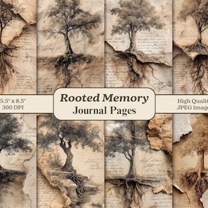 May include: Eight journal pages with a vintage aesthetic. Each page features a sepia-toned illustration of a tree with exposed roots, set against aged paper with handwritten script. The pages measure 14 x 21.6 cm. The text reads "Rooted Memory Journal Pages".