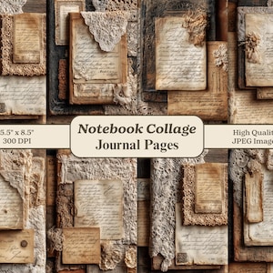 Może przedstawiać: Kolaż stron z dziennika w stylu vintage z ręcznie pisanym pismem, postarzanym papierem i koronkowymi akcentami. Strony ułożone są w siatkę, z tekstem "Notebook Collage Journal Pages" i wymiarami 14 x 22 cm.