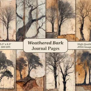 May include: A digital collage of weathered journal pages featuring artistic renderings of bare trees. The pages are 5.5" x 8.5" and include the text "Weathered Bark Journal Pages" and "High Quality JPEG Images."
