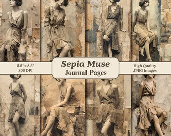 May include: A collage of sepia-toned journal pages featuring vintage images of a woman in a dress. The text "Sepia Muse Journal Pages" is displayed, along with the dimensions 5.5" x 8.5" and "High Quality JPEG Images".