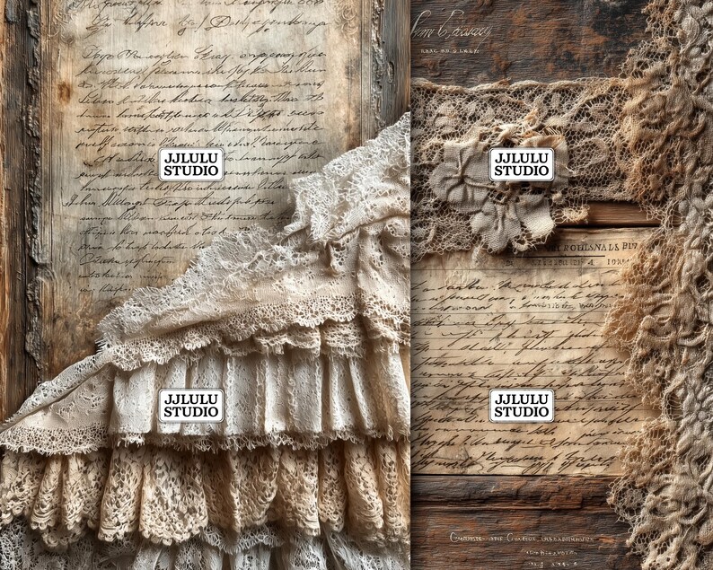 Vintage Wood Lace Junk Journal Pages, Rustic Aged Distressed Grungy ...