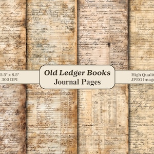 Vintage Ledger Paper Junk Journal Pages, Old Antique Rustic Scrapbook Printable Half Pages, Aged Ephemera Grunge Ledger Book Mixed Media