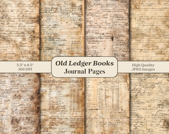 Vintage Ledger Paper Junk Journal Pages, Old Antique Rustic Scrapbook Printable Half Pages, Aged Ephemera Grunge Ledger Book Mixed Media