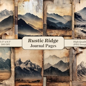 Puede incluir: Una colección de páginas de diario rústicas con arte de paisajes de montaña. Cada página mide 14 x 21,6 cm y está impresa a 300 DPI. Las páginas tienen una estética vintage con bordes rasgados y un aspecto envejecido. Se muestra el texto "Rustic Ridge Journal Pages".