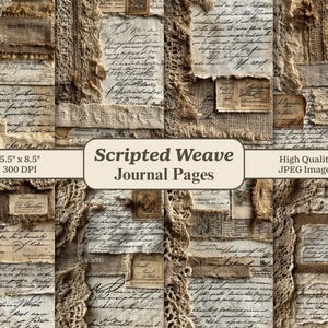 Puede incluir: Un collage de páginas de diario con una estética vintage. El diseño incorpora escritura a mano, sellos postales y telas texturizadas. El texto "Scripted Weave Journal Pages" es visible. Las páginas miden 14 x 22 cm.