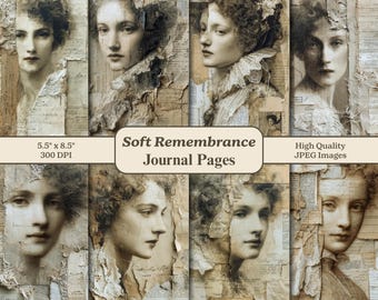 Puede incluir: Un collage de páginas de diario vintage con retratos en tonos sepia de mujeres. Las páginas están rasgadas y superpuestas con texturas de papel envejecido y escritura manuscrita. El texto "Soft Remembrance Journal Pages" y "High Quality JPEG Images" es visible.
