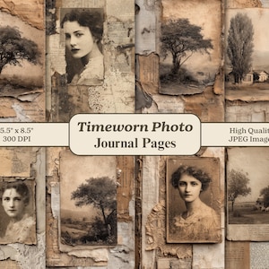 Puede incluir: Un collage de páginas de diario de estilo vintage con imágenes en tonos sepia de árboles, retratos y paisajes. Las páginas están rasgadas y envejecidas, con texto y una pancarta que dice "Timeworn Photo Journal Pages". Dimensiones: 14 x 21,6 cm.