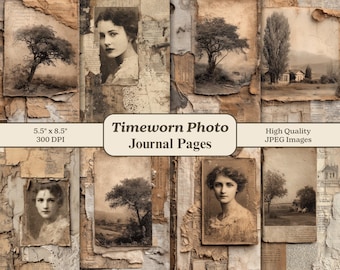 May include: A collage of vintage-style journal pages with sepia-toned images of trees, portraits, and landscapes. The pages are torn and aged, with text and a banner that reads "Timeworn Photo Journal Pages". The dimensions are 5.5" x 8.5".