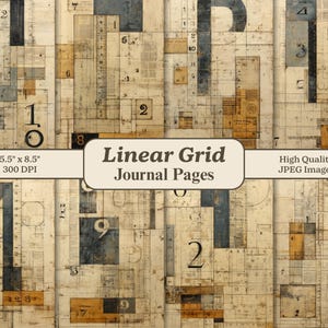 May include: A collection of journal pages with a linear grid design. The pages feature a collage of numbers, rulers, and text fragments in neutral tones of beige, gray, and brown. The text "Linear Grid Journal Pages" is displayed.
