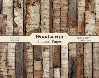 Könnte beinhalten: Digitale Journalseiten mit holzähnlicher Textur, mit handschriftlichem Skript und zerrissenen Papierelementen. Die Seiten sind 14 x 22 cm groß und hochwertige JPEG-Bilder. Der Text auf dem Bild lautet "Woodscript Journal Pages".