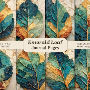 May include: A collection of journal pages featuring digitally enhanced leaf designs. Each leaf showcases a blend of teal, gold, and brown hues, with intricate vein details. The text on the image reads "Emerald Leaf Journal Pages" and "5.5" x 8.5" 300 DPI".