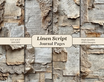 May include: A collage of vintage journal pages with handwritten script, torn edges, and lace accents. The pages are a mix of beige and brown tones, with the text "Linen Script Journal Pages" and "5.5" x 8.5" 300 DPI" visible.