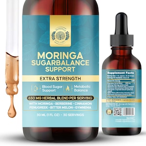 May include: A brown glass bottle of Moringa Sugarbalance Support with a dropper. The label includes text: "Extra Strength", "650 MG Herbal Blend Per Serving", and "30 ML (1 FL OZ) - 30 Servings". The bottle also has a supplement facts label.