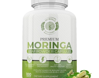 Moringa Capsules - Pure Moringa Powder, Energy & Nutrient Boost, Rich in Vitamins, Antioxidants, and Minerals for Immune Health, Digestion