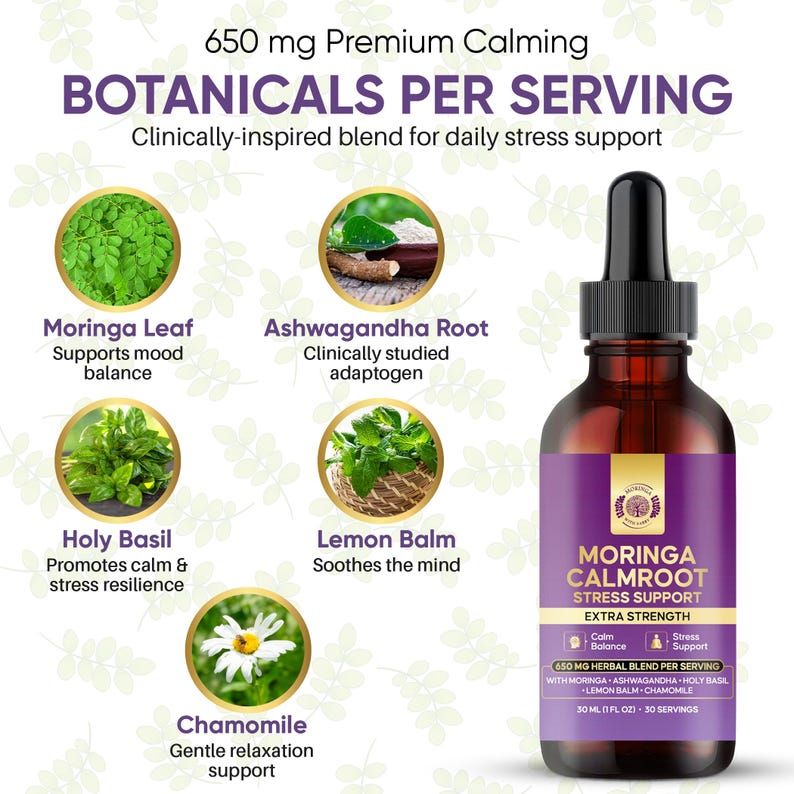 Moringa CalmRoot Stress Support Extract – Multi-Herb Botanical Drops with Moringa, Ashwagandha, Holy Basil, Lemon Balm & Chamomile bild 3