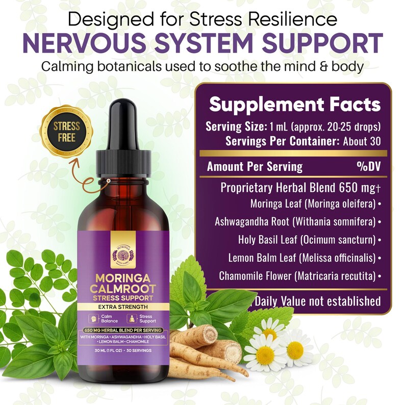 Moringa CalmRoot Stress Support Extract – Multi-Herb Botanical Drops with Moringa, Ashwagandha, Holy Basil, Lemon Balm & Chamomile bild 4