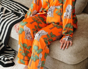 Elefant druckt langen Pyjama-Set aus Satin, Braut und Brautjungfern Pyjama, Pyjama-Set für Frauen, Katzendruck, Geschenk für sie, könnte draußen getragen werden