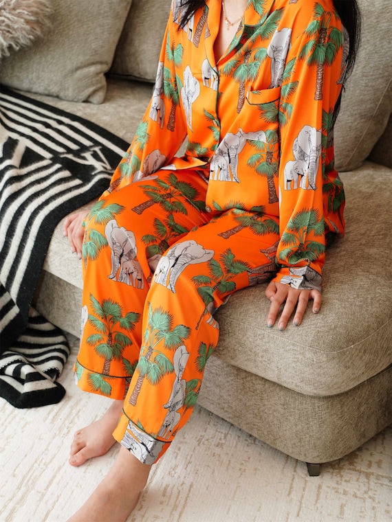 Elephant Prints Satin Long Pyjama Set Bride and Bridesmaids Pajama Pajama Set for Women Cat Print Gift for Her Could Be Wear Outside Etsy