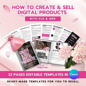 Op de afbeelding: Een roze lamp schijnt op een stapel van 22 pagina's met digitale product sjablonen. De pagina's zijn getiteld "How to Create & Sell Digital Products" en "Digital Products". De sjablonen zijn kant-en-klaar en bewerkbaar in Canva.