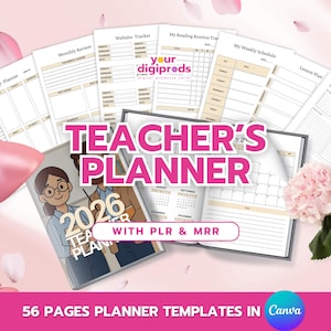 Puede incluir: Un planificador para profesores con el texto "Teacher's Planner 2026" y "With PLR & MRR". La imagen incluye varias páginas de planificador, una lámpara de escritorio rosa y un ramo de flores rosas. También se ve el texto "56 Pages Planner Templates in Canva".