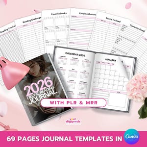 2026 Digital läsjournal Canva-mallar PLR MRR, Private Label-rättigheter, Master Resell-rättigheter, Bokälskare, Bokläsarjournal, Organisatör