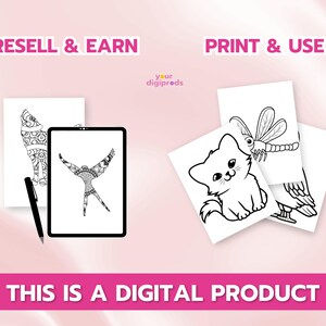 Pu&ograve; includere: Un elenco di prodotti digitali per pagine da colorare stampabili con un gatto, una libellula e un uccello. Il testo "RESELL & EARN" e "PRINT & USE" &egrave; visualizzato nella parte superiore dell'immagine. Il testo "This is a digital product" &egrave; visualizzato nella parte inferiore dell'immagine.