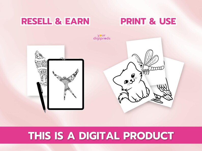 Pu&ograve; includere: Un elenco di prodotti digitali per pagine da colorare stampabili con un gatto, una libellula e un uccello. Il testo "RESELL & EARN" e "PRINT & USE" &egrave; visualizzato nella parte superiore dell'immagine. Il testo "This is a digital product" &egrave; visualizzato nella parte inferiore dell'immagine.