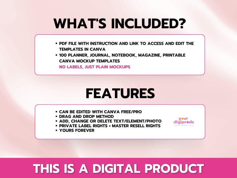 May include: A pink and white digital product listing with the text "What's Included?" and "Features". The listing includes 100 planner, journal, notebook, magazine, and printable Canva mockup templates. The templates can be edited with Canva free/pro and include drag and drop functionality. The listing also includes private label rights and master resell rights.