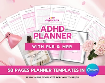 Modelli Canva per la pianificazione della terapia ADHD con diritti di etichetta privata PLR MRR, diritti di rivendita principale, pianificatore di auto-cura, benessere e produttività