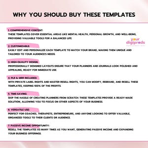 May include: A pink and white graphic with the text "WHY YOU SHOULD BUY THESE TEMPLATES" in black. The graphic lists seven reasons to buy templates, including comprehensive content, customizable, high-quality design, PLR & MRR included, time-saving, versatile use, and passive income opportunity.