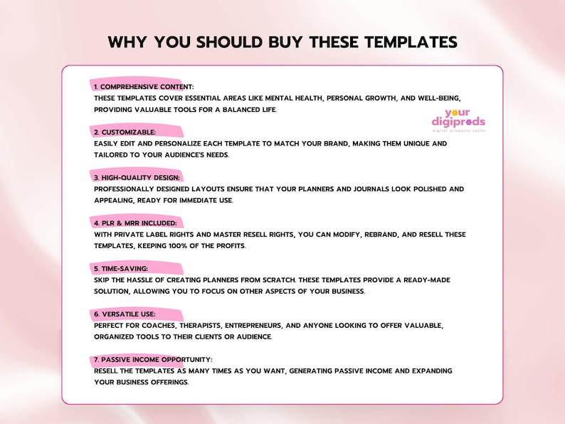 May include: A pink and white graphic with the text "WHY YOU SHOULD BUY THESE TEMPLATES" in black. The graphic lists seven reasons to buy templates, including comprehensive content, customizable, high-quality design, PLR & MRR included, time-saving, versatile use, and passive income opportunity.