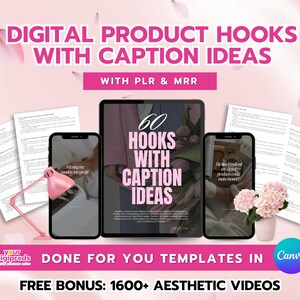 Può includere: Un kit di marketing di prodotti digitali rosa e bianco con il testo "60 Hooks with Caption Ideas" e "Done for You Templates in Canva". Il kit include un bonus gratuito di oltre 1600 video estetici.