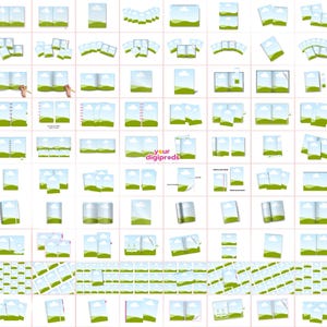 May include: A collection of 100 different mockup templates for creating digital products, such as brochures, magazines, and flyers. The templates feature a variety of layouts and designs, including a green field with a blue sky and white clouds.