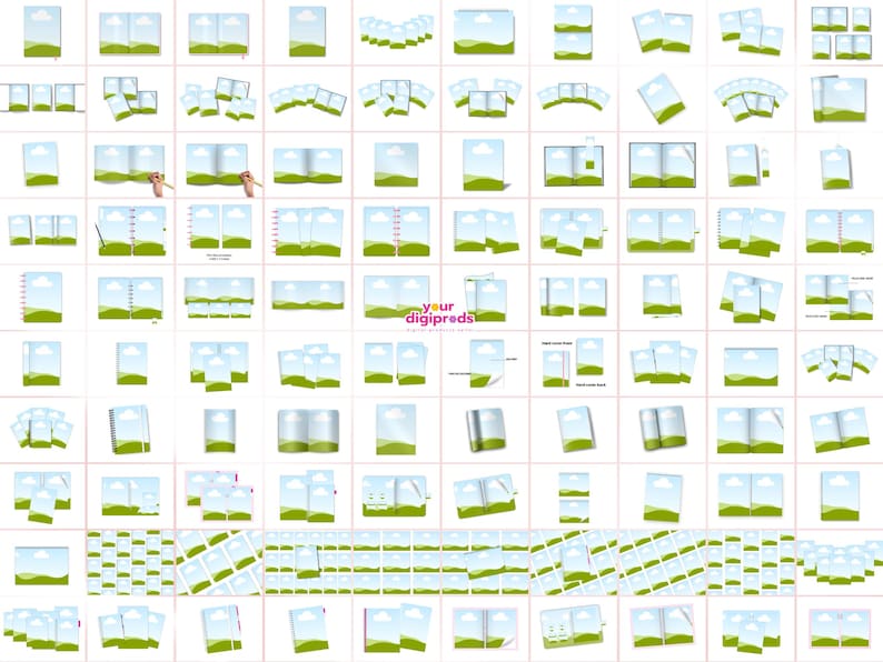 May include: A collection of 100 different mockup templates for creating digital products, such as brochures, magazines, and flyers. The templates feature a variety of layouts and designs, including a green field with a blue sky and white clouds.