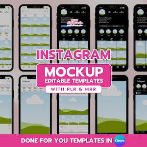 Könnte beinhalten: Ein Mockup von neun Instagram-Post-Vorlagen mit einem grünen und blauen Landschaftsdesign. Der Text "INSTAGRAM MOCKUP" ist in Pink und der Text "EDITABLE TEMPLATES WITH PLR & MRR" ist in Weiß. Der Text "DONE FOR YOU TEMPLATES IN Canva" ist in Weiß mit einem Canva-Logo.
