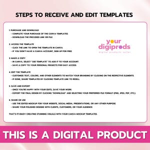 Może przedstawiać: R&oacute;żowo-biała grafika z tekstem "STEPS TO RECEIVE AND EDIT TEMPLATES" oraz listą krok&oacute;w dotyczących dostępu i edycji szablon&oacute;w cyfrowych. Grafika zawiera r&oacute;wnież tekst "your digipr&oslash;ds digital products seller" i "THIS IS A DIGITAL PRODUCT".