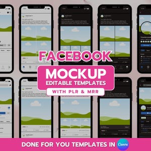 Könnte beinhalten: Ein Mockup von acht verschiedenen Facebook-Post-Vorlagen mit einem grünen und blauen Landschaftshintergrund. Der Text "FACEBOOK MOCKUP EDITABLE TEMPLATES WITH PLR & MRR DONE FOR YOU TEMPLATES IN Canva" befindet sich am unteren Rand des Bildes.