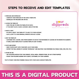 May include: A pink and white graphic with the text "STEPS TO RECEIVE AND EDIT TEMPLATES" and a list of steps on how to access and edit digital templates. The graphic also includes the text "your digipr&oslash;ds digital products seller" and "THIS IS A DIGITAL PRODUCT".
